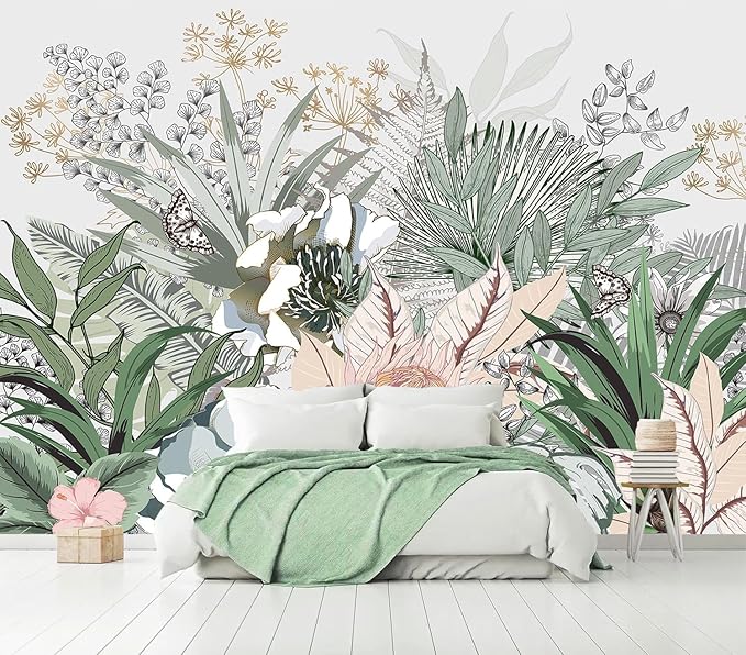 AFZEVEB-Tropical Jungle Wallpaper Botanical Large Floral Wall murals for Bedroom 136"x96" (Not Peel and Stick)