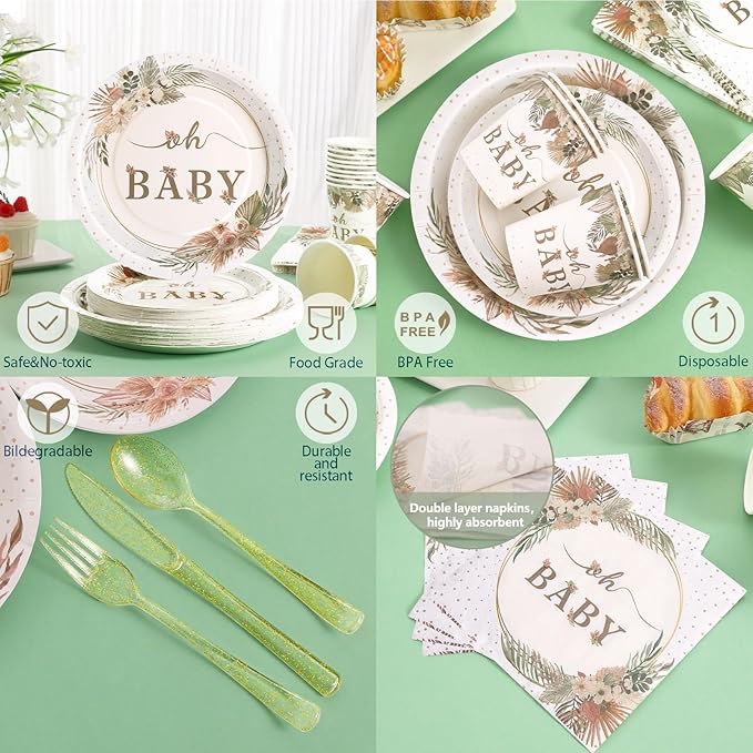 168 Pcs Boho Its A Girl Baby Shower Decorations, Boho Baby Shower Plates and Cups and Napkins Sets, for Baby In Bloom Oh Baby Western Girl, Summer Fall Woodsy Rustic Neutral, Serves 24