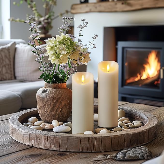 5plots 9" x 3" Flickering Flameless Candles - Battery Operated Wax LED Candles - Amber Yellow Light with Remote and Timers Set of 2, Ivory, for Home Decor, Candle Sconces