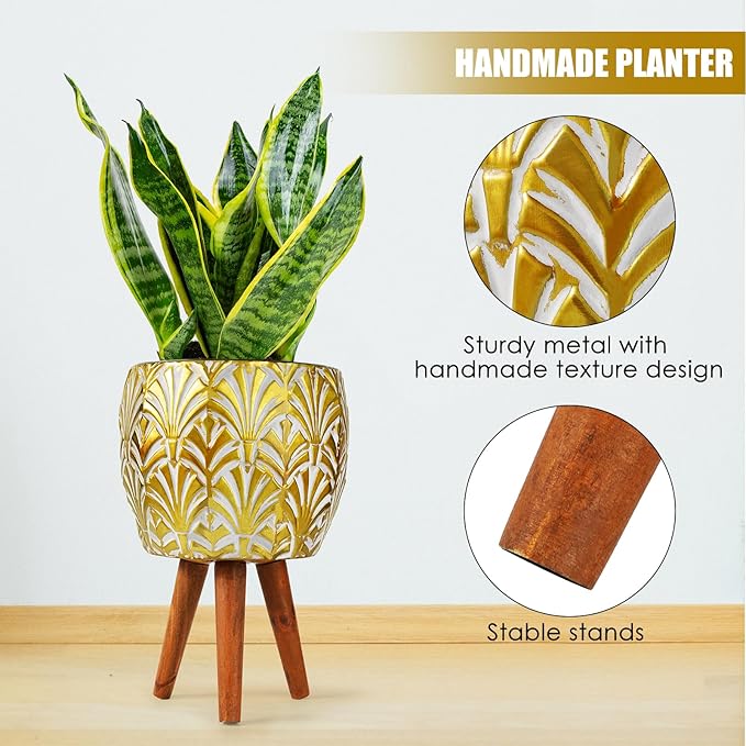 Harvest Land Plant Pots with Stand, Set of 2 Large Modern Planters Metal Tall Handmade Flower Pots with Drainage Holes Indoor Outdoor,Gold