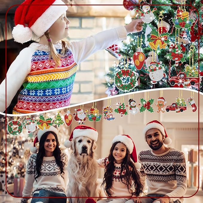 Equsion 14 Pcs Diamond Art Christmas Ornaments Christmas Diamond Painting Keychains Kits 5d DIY Hanging Double Sided Diamond Art Key Ring Painting Key Chain Family Decor Rhinestone Pendant