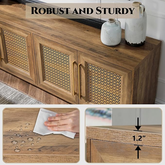 JYED Mid Century Modern TV Stand for TVs up to 75 Inch, with Hollow Metal Mesh Decorated，Boho TV Console with Storage Cabinet,Cable Holes, TV Stand for Living Room, 69.5"x15.6"x24.8", Rustic