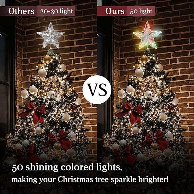 Christmas Tree Topper Star Silver with 50 Colouful LED Lights 8 Lighting Modes Timer, Tradition Tree Topper Star for Home Holiday Xmas Tree Christmas Decor, Colorful Light