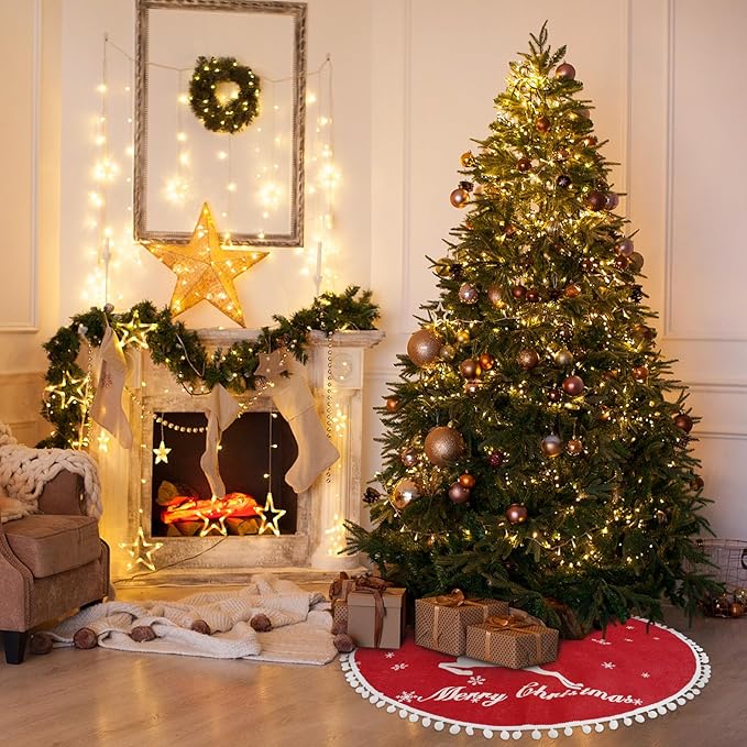 36 Inch Christmas Tree Skirt, Burlap Red Christmas Rustic Tree Skirt with Elk Deer and White Snowflake Printed for Holiday Party Xmas Tree Decoration