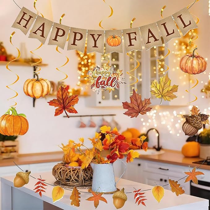 Fall Party Decorations/Happy Fall Banner with Maple Leaves Garland Fall Thanksgiving Day Decorations with Hanging Leaf Swirls, Maple Leaf Garland, Pumpkin Acorn Autumn Theme Party Decor Bunting
