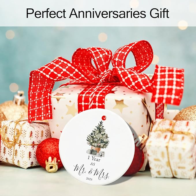 First Anniversary Ornament Gifts for Couple, Wedding Keepsake for 1 Year as Mr and Mrs, Ceramic Christmas Ornament With Ribbon and Box