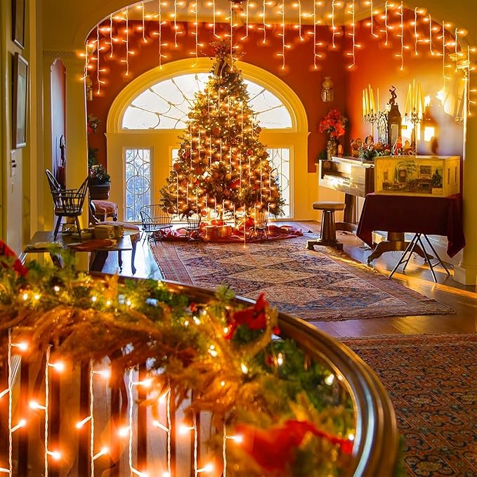 66ft Orange Halloween Lights Outdoor, 640LED Icicle Lights for Outside Indoor Twinkle Christmas Light with Connectable Clear Wire 8 Modes Timer Waterproof for House Party Tree Holiday Yard Patio Decor