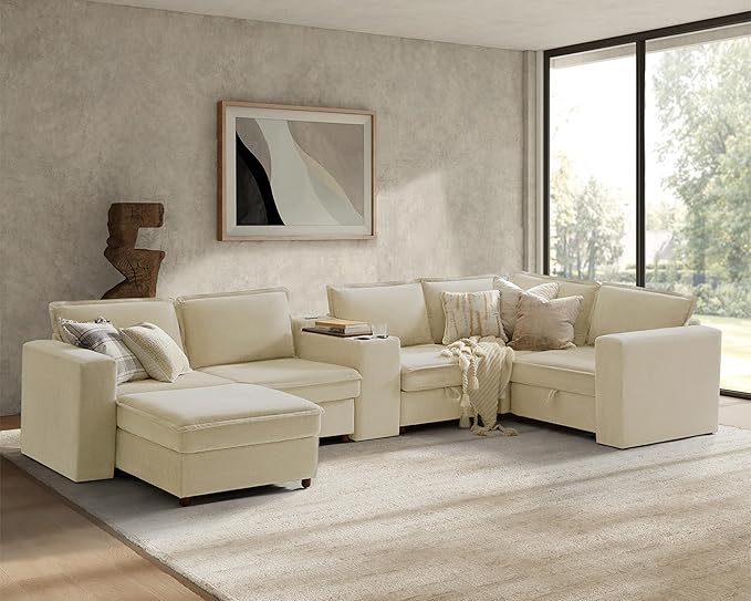 HULALA HOME Modular Sectional Sofa with USB Port and Console, 6 Seater Sofa with Storage Ottoman, Oversized U Shaped Couches for Living Room, FSC Certified, Beige