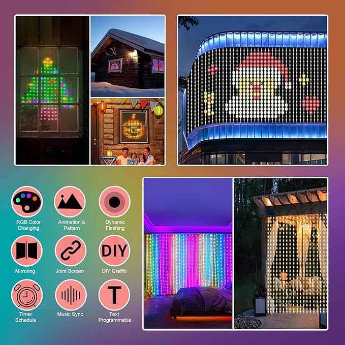 Animated Decorations Outdoor Indoor Smart Curtain String Lights Remote APP Control 3.3 x 3.3Ft 400LED RGB Color Changing Waterproof DIY Hanging Window Backdrop Fairy Light Programmable Music Sync