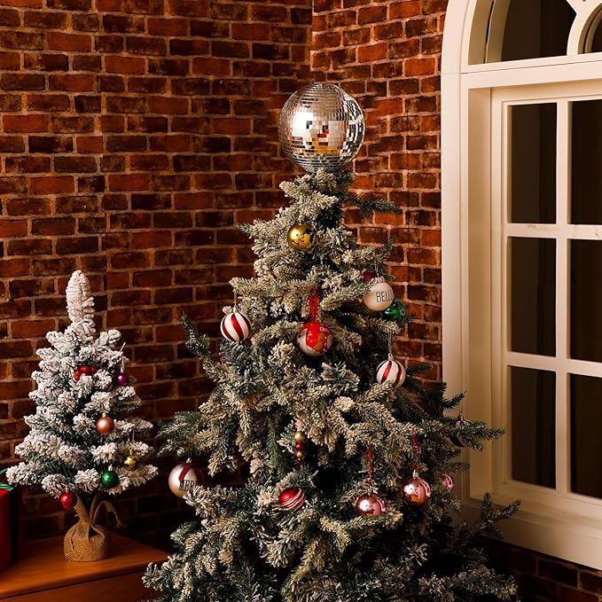 Retisee 6'' Disco Ball Christmas Tree Topper Silver Mirror Xmas Tree Topper 3D Hollow Silver Disco Ball Decor for 70s Holiday Wedding Birthday Party Decorations