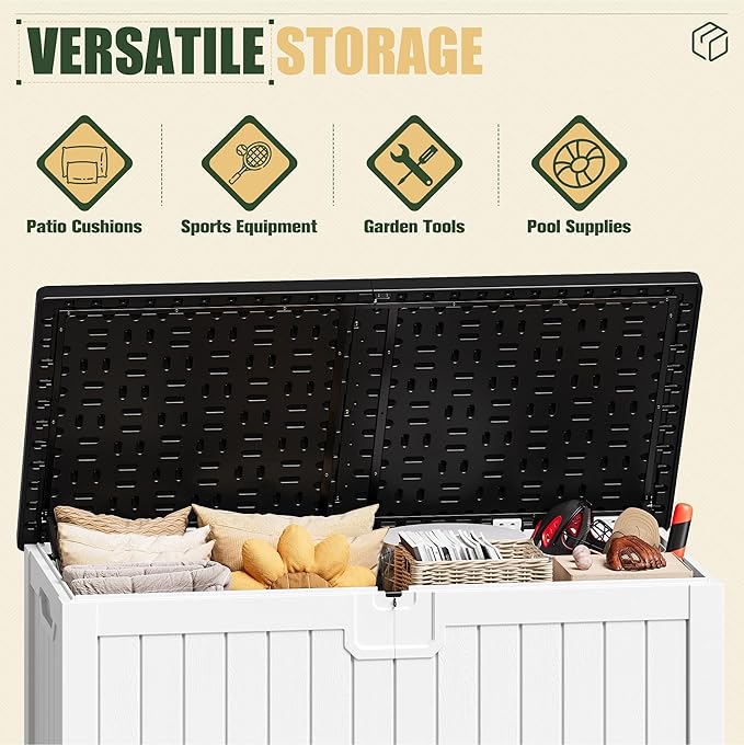 JUMMICO 250 Gallon Outdoor Resin Deck Box with Divider, Waterproof Storage Box with Lockable Lid&Side Handles for Garden Tools, Pools Supplies (White with Black Cover)