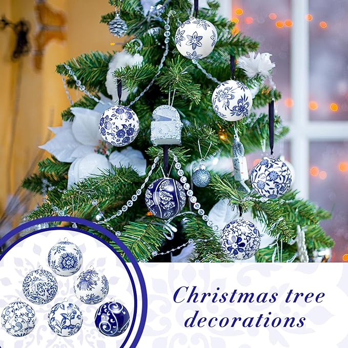 Cindeer 12 Pcs Blue and White Christmas Porcelain Balls 2.4 Inch Porcelain Chinoiserie Ornament Bulk Christmas Ceramic Hanging Decorative for Tree Home Xmas Party (Elegant Style)