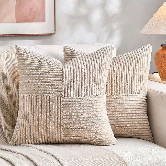 Fancy Homi 2 Packs Tan Samll Decorative Throw Pillow Covers 14x14 Inch with for Couch Bed Sofa, Rustic Farmhouse Boho Home Decor, Soft Corss Patchwork Corduroy Square Beige Cushion Case 35x35 cm