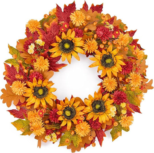 GENMOUS 24 Inch Fall Wreaths for Front Door, with Mini Pumpkin Skewers- Sunflower Wreath, Autumn Fall Decor Maple Leaf Daisy Thanksgiving Halloween Home Party Fall Decoration Indoor Oudoor