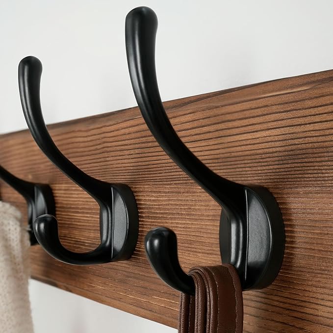 Dseap Wall Mounted Coat Rack: Patented, Heavy-Duty, 17.4" Long 5-Double-Hooks Wooden Hanger Rail for Winter Coats, Hat, Jacket, Clothing - Natural & Black