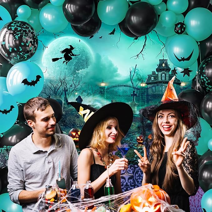 Avezano Halloween Photography Backdrop Full Moon Scary Night Castle Pumpkins Party Background Spooky Witch Bats Cemetery Child Kids Halloween Party Decorations Photoshoot Backdrops (7x5ft, Green)