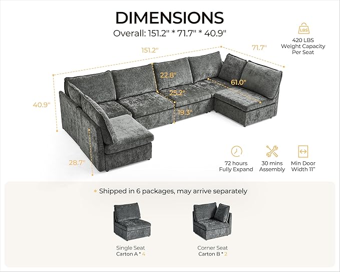 Oversized Modular Sofa Comfy Cloud Couch with Storage, Extra Deep Plush Sectional Sofa Set for Living Room, Covers Washable, Chenille, Olar (Grey, 6-Seater with 2 Corners, u-Shaped)