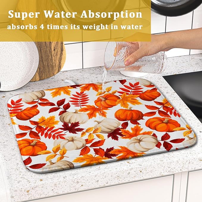 Fall Dish Drying Mat for Kitchen Counter Watercolor Pumpkins Autumn Leaves Thanksgiving Super Absorbent Reversible Microfiber Kitchen Countertop Protector Dishes Pad Small 16x18 inch