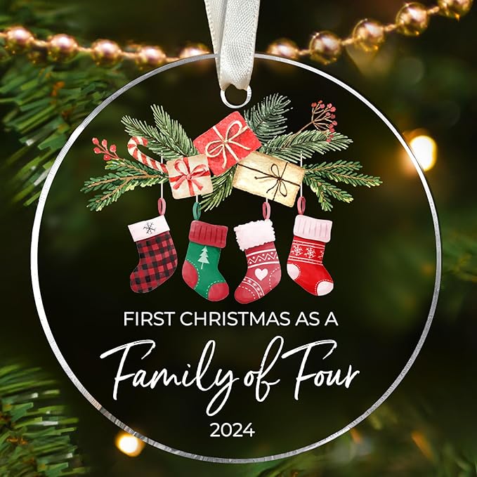 Family Christmas Ornaments 2024 - New Mom and Dad Gifts First Time 2024 - Our First Christmas as a Family of 4 Ornament - Acrylic Ornament 2024