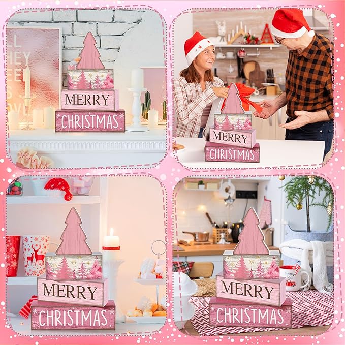 4 Pcs Christmas Table Decoration Wooden Pink Christmas Tree Centerpieces Decor Winter Tiered Tray Decor Rustic Decorative Tree Block Signs Gift Farmhouse Xmas Decoration for Home Kitchen