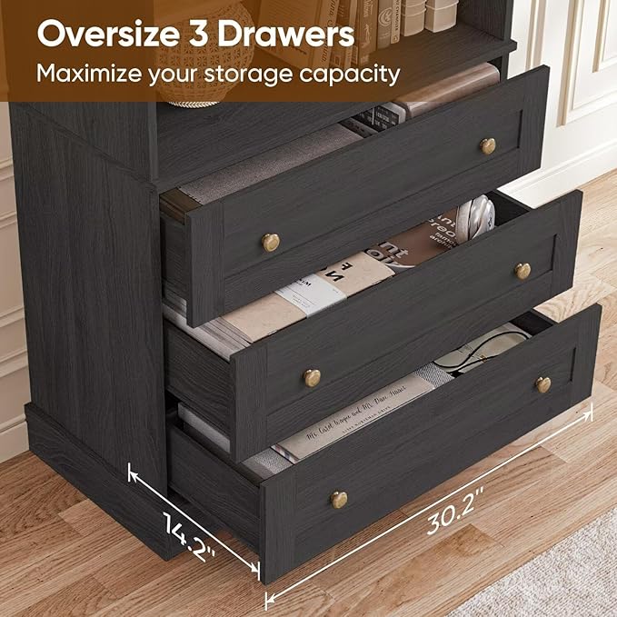 Vyre 71" Tall Farmhouse Bookshelves with Drawers, Set of 2 – Large Modular Bookcase with Adjustable Shelves, Storage Cabinet for Living Room, Kitchen, Home Office, Black