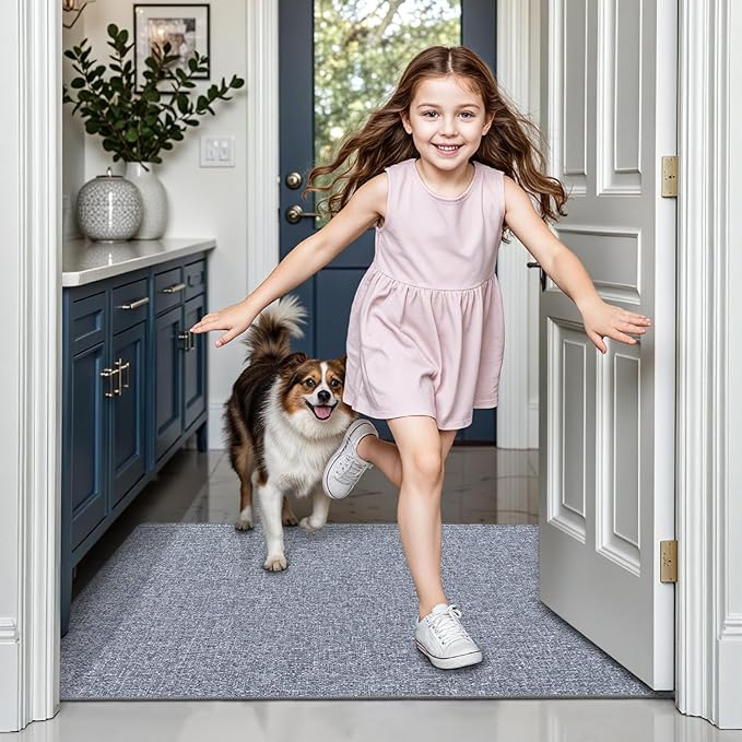 LUMI Ultra Thin Door Mat for Entryway,18"x59" Low Profile Non Slip Rubber Backing Indoor Doormat, Easy Clean Welcome Entrance Mat for Inside House, Patio,Light Grey