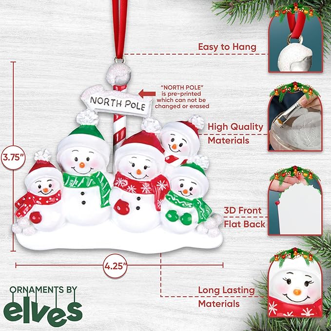 3D Frosty Snowman Family of 5 Christmas Ornament 2025 Personalized Family Christmas Ornaments 2025 | Winter Holiday Snowmen Personalized Tree Ornaments Customizable Gifts Snow People of Five Ornament