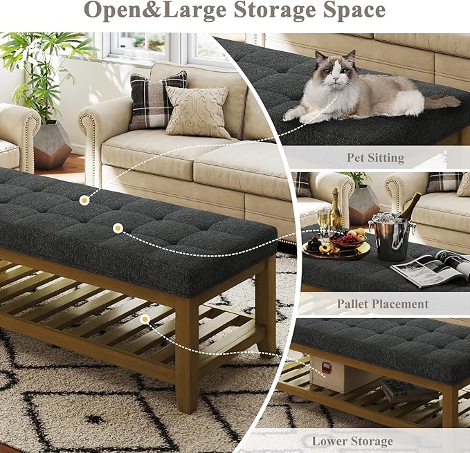 Large Rectangular Upholstered Ottoman Bench, Linen Tufted Footrest Ottoman with Solid Wood Shelf Storage Coffee Table for Bedroom Living Room, Dark Gary