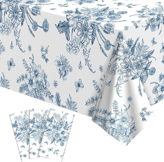 3 Pack Blue Floral Plastic Tablecloths, 54 X 108Inch Tea Party Tablecloth Disposable Vintage Table Cloths Blue and White Porcelain Tables Decor for Birthday Garden Wedding Tea Party Supplies