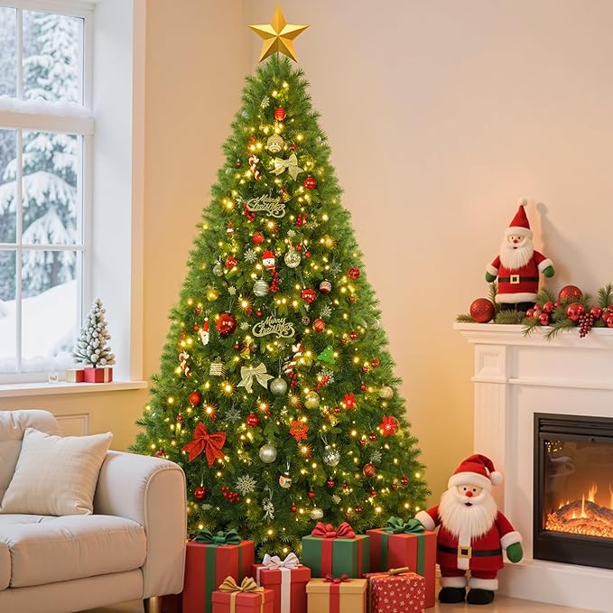 7.5FT Pre-Lit Christmas Tree with Remote Control, Multi-Color LED Lights, Musical Rotating Christmas Tree Stand, Easy Assembly in 3 Sections, Foldable Metal Stand for Home Holiday Decor