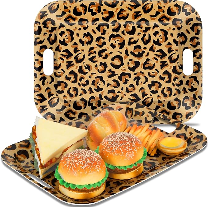 gisgfim 2Pcs Leopard Serving Trays 16.1 X 11.1 Inch Large Melamine Serving Platters with Handles, Leopard Print Food Trays Serving Dishes Snacks Dessert Plates for Cheetah Birthday Party Decorations