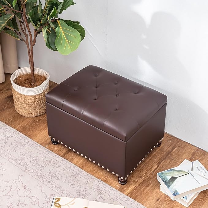 Joveco Leather Storage Ottoman Bench Rectangle 24 Inch Foot Rest Ottomans Stool for Living Room Bedroom(Brown)