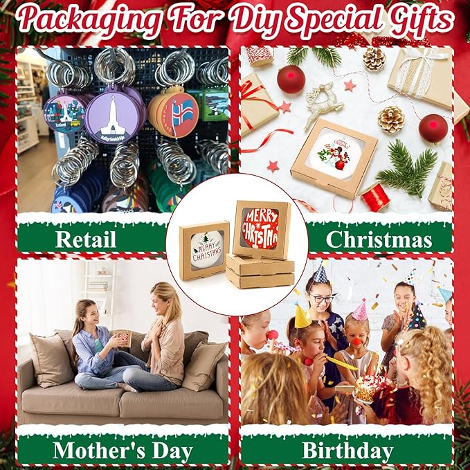 25 Pcs Sublimation Ornament Blanks Box 3.6"x3.6"x0.7" Christmas Ornaments Holder Ceramic Discs Packaging Box with Window for Personalized Xmas Tree Blanks Bulk (Kraft Paper)