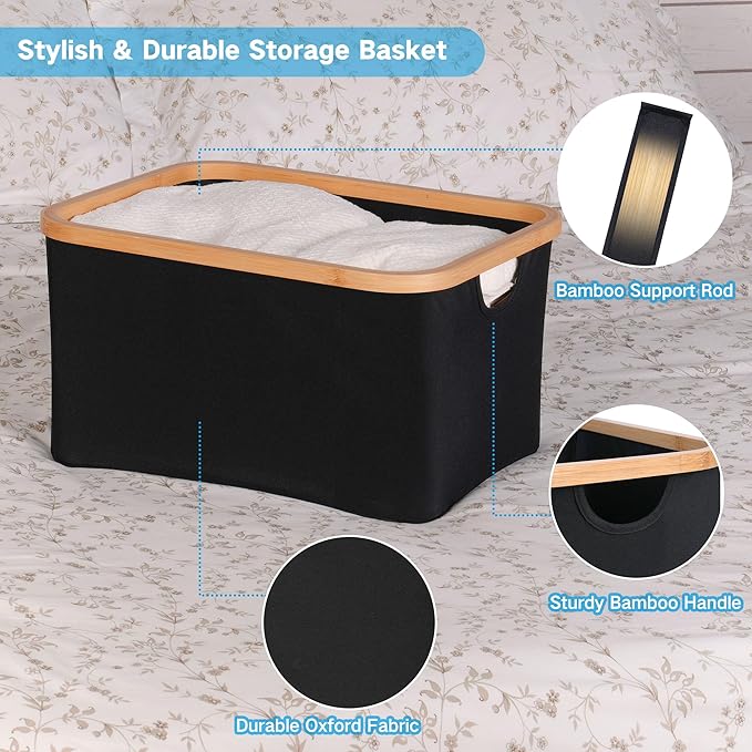 efluky Storage Baskets for Organizing, Fabric Storage Bins with Bamboo Handles, Collapsible Storage Baskets for Shelves and Closet (Black, 16.2'' x 13'' x 9.1'')