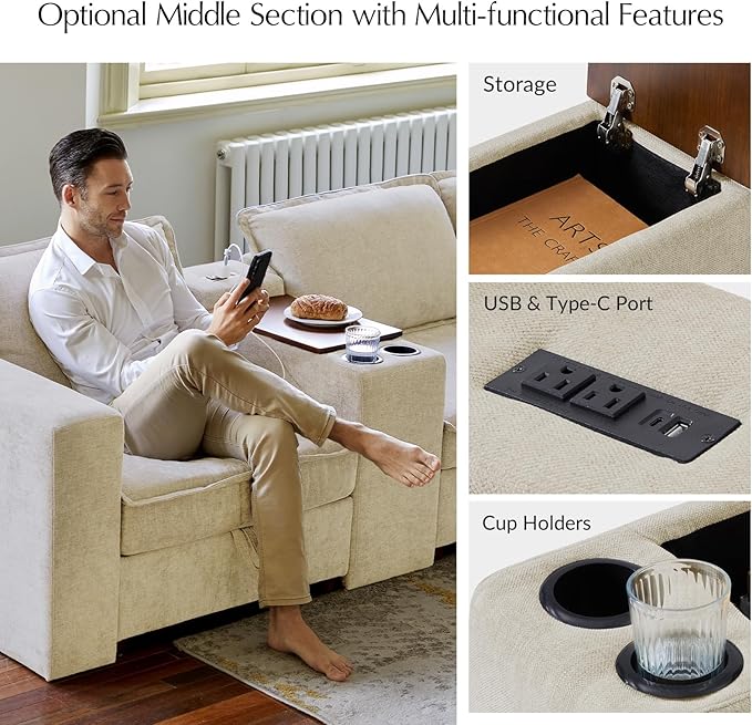 HULALA HOME Modular Sectional Sofa with USB Port and Console, 8 Seater Sofa with Storage Ottoman, Oversized L Shaped Couches for Living Room, FSC Certified, Beige