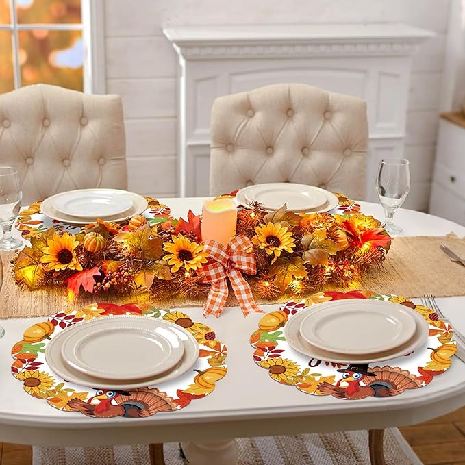 50Pcs Thanksgiving Fall Round Paper Placemats,13.4 Inch Pumpkin Turkey Disposable Placemats Autumn Maple Leaves Round Table Mats for Harvest Birthday Thanksgiving Party Supplies