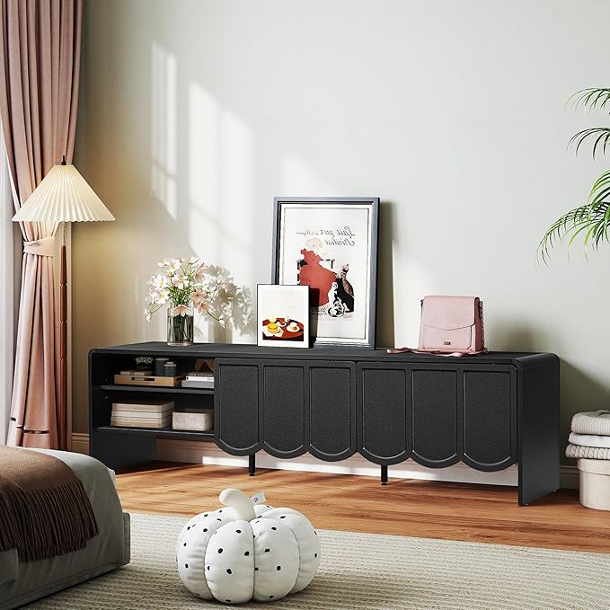 ORRD 63'' TV Stand, Modern TV Console Table Wave Panel Television Stands Entertainment Media Center with Storage Compartment and Sliding Door for Living Room (Black)