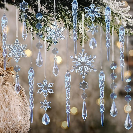 18pcs Crystal Christmas Ornaments for Christmas Tree Decorations-Blue Hanging Acrylic Snowflake and Icicle Ornaments with Drop Pendants for New Year Party Decorations Supplies