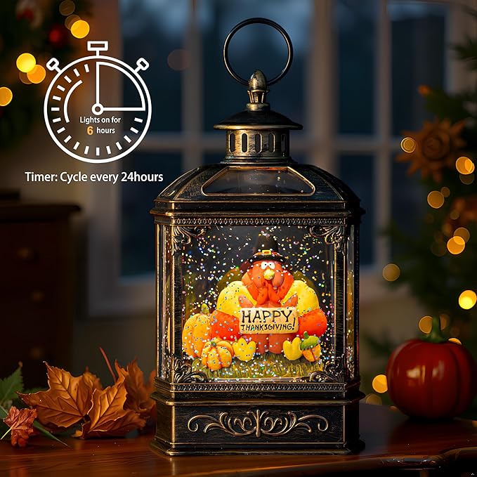 Fall Snow Globe Lantern -Thanksgiving Turkey with Pumpkins Spinning Water Lantern with Swirling Glitter Fall Decorations for Home, Thanksgiving, Autumn Harvest Fall Decor