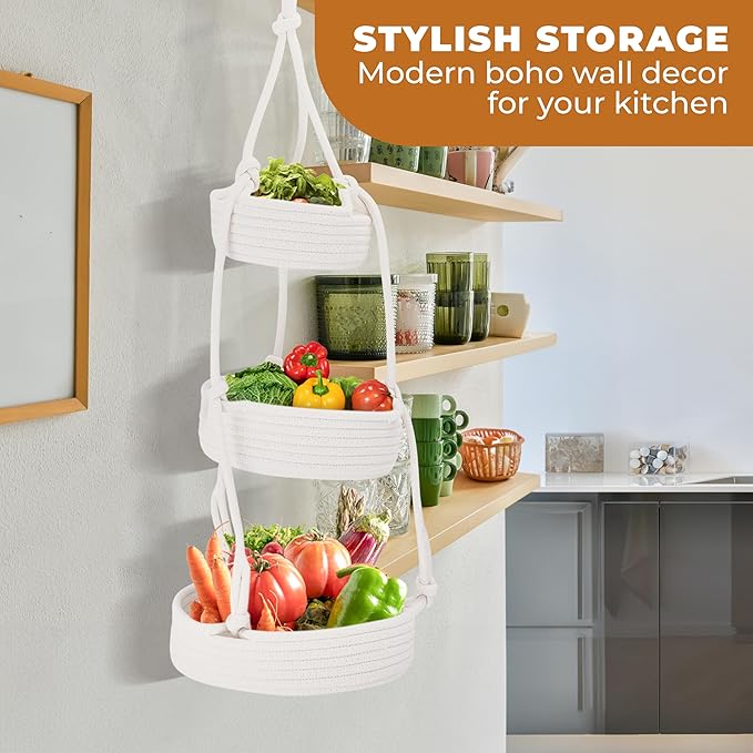 REGAL TRUNK Hanging Fruit Baskets for Kitchen - 3 tiers Fruit Baskets Hanger - Macrame Fruit Hammock - White Boho Wall Decor - Produce and Vegetable Tiered Storage Holder - 3x10x27.5 in