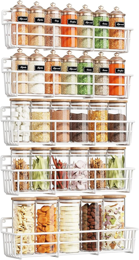 5 Pack Spice Rack Seasoning Organizer Wall Mount, Screw or Adhesive Hanging Shelf Basket Spice Organizer Shelf for Kitchen, White