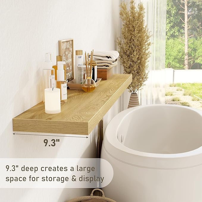 Fun Memories 55 Inch Floating Shelves for Wall 2 Pack Shelves for Bedroom|Kitchen|Bathroom 55 x 9.3 Inch Wood Floating Shelf with Invisible Brackets for Books|Storage|Decor, Oak