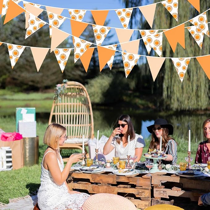 32Ft Sunshine Party Decorations Orange Yellow Triangle Flag Fabric Banner Pennant Garland Bunting Streamer for Boho Sun Birthday First Trip Around The Sun Groovy Retro Hippie Party Decor Supplies