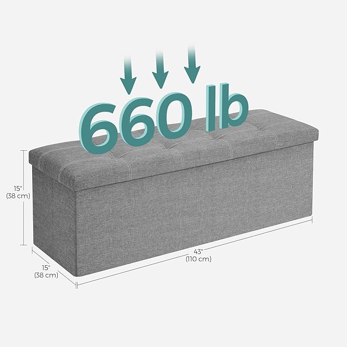 SONGMICS MAZIE Collection - 43 Inches Ottoman Storage Bench, 35 Gal. Folding Chest with Breathable Linen-Look Fabric, Load up to 660 lb, for Entryway, Living Room, Bedroom, Light Gray ULSF077G05