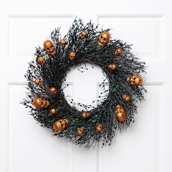 Glittered Skulls and Spiders Halloween Twig Wreath - 22" - Unlit