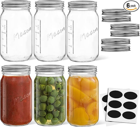 32 Oz Mason Jars With Lids, Labels and Measures! 6-Pack Wide Mouth Mason Jars, Glass Jar with Lid and Band. Airtight Canning Jars, Overnight Oats Jars, Salad Jars, Sourdough Starter Jar