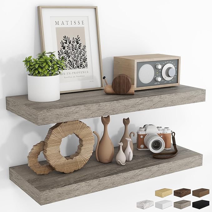 RICHFOCUS 31.5Inch Floating Shelves for Wall 2 Pack Shelves for Bedroom|Kitchen|Bathroom Wall Mounted Rustic Wood Floating Shelf with Invisible Brackets for Books|Storage|Decor, Grey