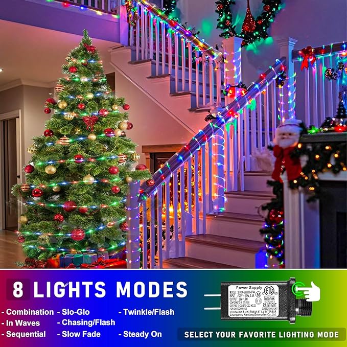 100FT 300 LED Rope Lights Outdoor, Connectable and Flexible Tube Lights with 8 Modes, Waterproof Indoor Rope Lighting for House, Deck, Garden, Backyard, Patio, Pool, Tree Decorations - Multicolor