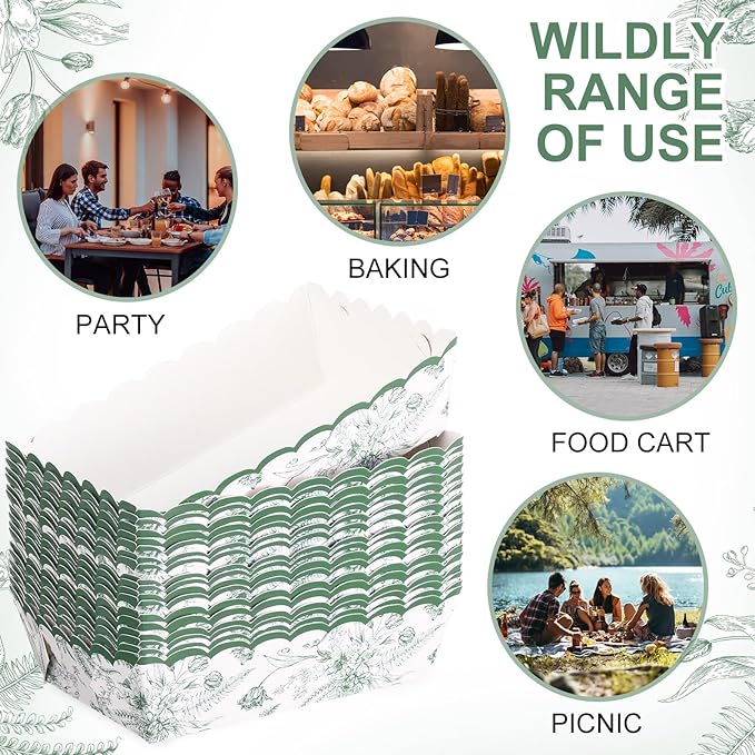 48 Pcs Sage Green Floral Paper Food Trays Vintage Flower Nacho Boat Trays Disposable Snack Holder for Spring Birthday Party Baby Shower Bridal Wedding Supplies