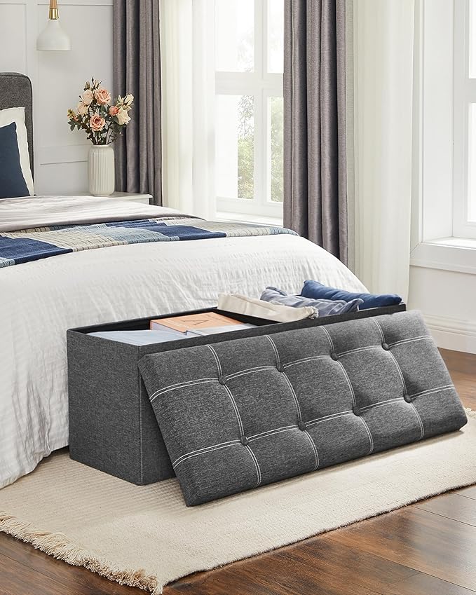 SONGMICS Mazie Collection - 43 Inches Ottoman Storage Bench, 35 Gal. Folding Chest with Breathable Linen-Look Fabric, Load up to 660 lb, for Entryway, Living Room, Bedroom, Dark Gray ULSF077G04